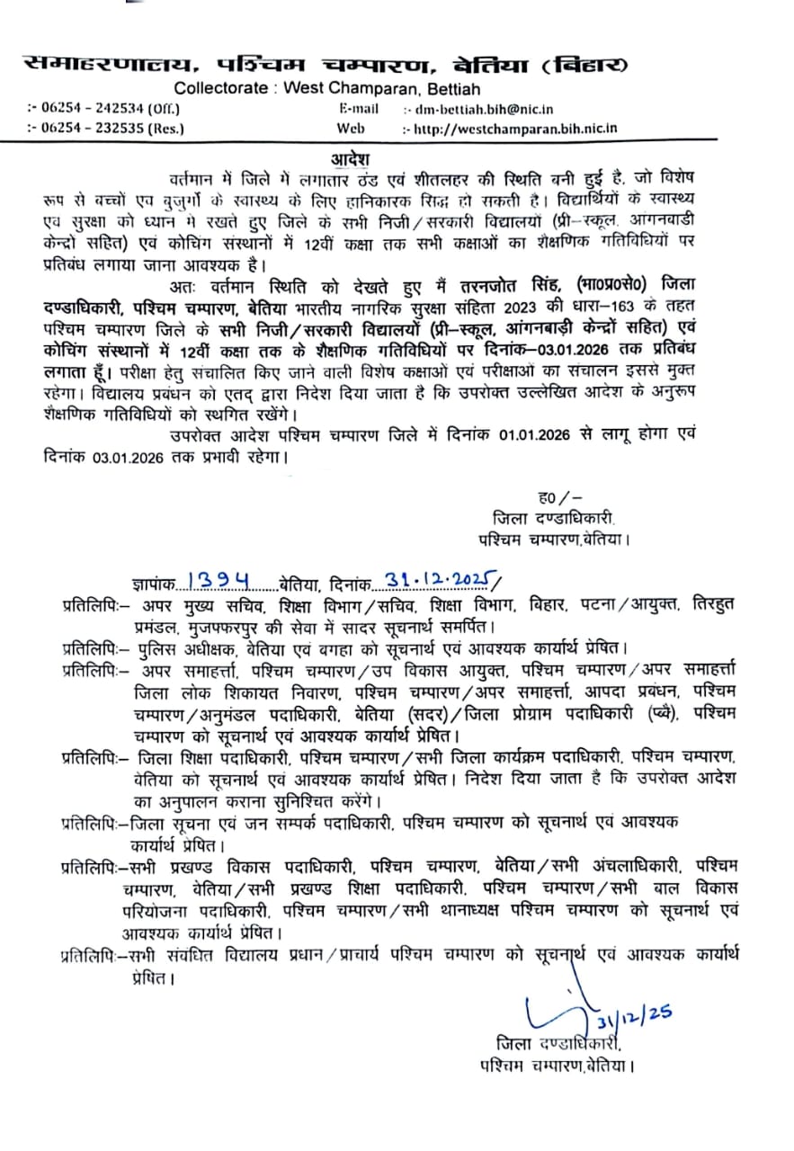 अत्यधिक ठंड के कारण पश्चिम चम्पारण के सभी स्कूल 3 जनवरी तक बंद